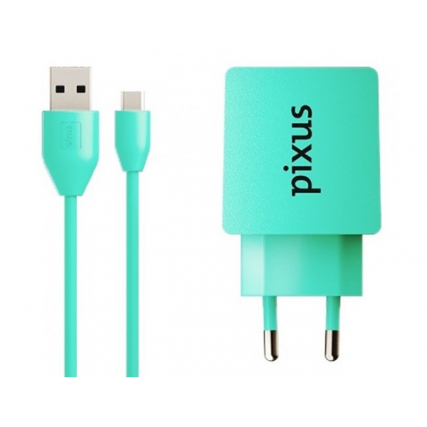 Сетевое зарядное устройство Pixus Charge One, 5V - 2A, Turquoise + кабель microUSB Pixus Pixus Turquoise
