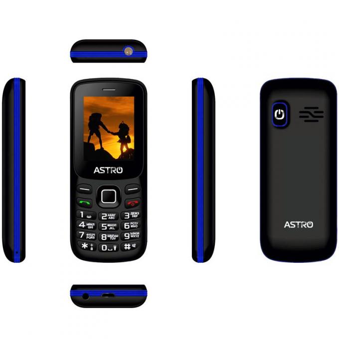 Мобильный телефон Astro A173 Dual Sim Black/Вlue; 1.77" (128х160) TN / клавиатурный моноблок / MediaTek MTK6261 / ОЗУ 32 МБ / 32 МБ встроенной + microSD до 32 ГБ / без камеры / 2G (GSM) / Bluetooth / 111х45.2х11.8 мм, 60 г / 800 мАч / черный с синим A173 Black/Вlue