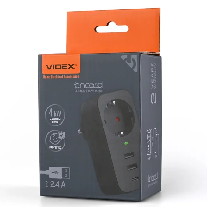 VIDEX ONCORD з/з 1п 2.4A 2USB+USB-C Black