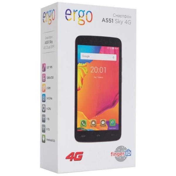 Смартфон Ergo A551 Sky Dual Sim Gold; 5.5" (1280х720) IPS / MediaTek MT6737 (1.3 ГГц) / камера 13 Мп + 5 Мп / ОЗУ 1 ГБ / 8 ГБ встроенной + microSD до 64 ГБ / 4G (LTE) / Bluetooth, Wi-Fi / GPS, A-GPS / ОС Android 6.0 (Marshmallow) / 153 x 77.6 x 7.9 мм, 163 г / 3000 мАч / золотистый A551 Sky Gold