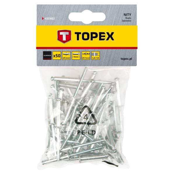 Заклепки TOPEX алюмiнiєвi 4.0 мм x 10 мм, 50 шт.*1 уп. 43E402