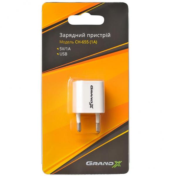 Зарядное устройство Grand-X CH-655W 1*USB, 1A CH-655W