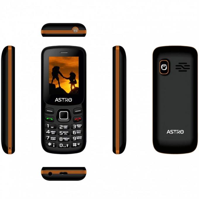 Мобильный телефон Astro A173 Dual Sim Black/Orange; 1.77" (128х160) TN / клавиатурный моноблок / MediaTek MTK6261 / ОЗУ 32 МБ / 32 МБ встроенной + microSD до 32 ГБ / без камеры / 2G (GSM) / Bluetooth / 111х45.2х11.8 мм, 60 г / 800 мАч / черный с оранжевым A173 Black/Orange