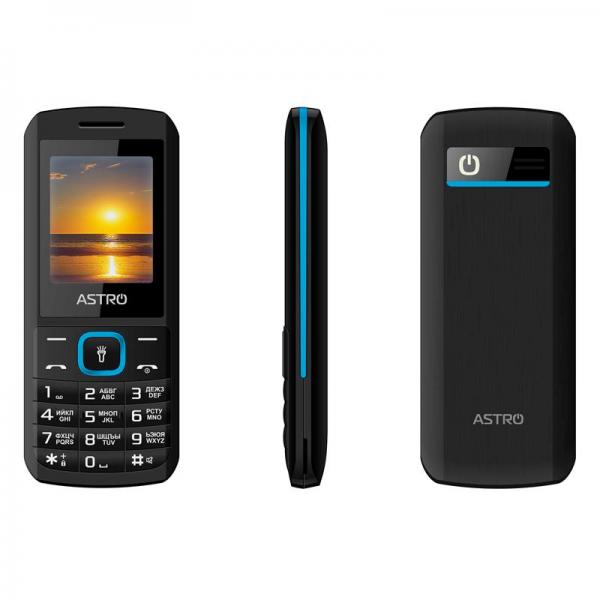 Мобильный телефон Astro A170 Dual Sim Black/Вlue; 1.77" (128х160) TN / клавиатурный моноблок / ОЗУ 32 МБ / 32 МБ встроенной + microSD до 32 ГБ / 2G (GSM) / Bluetooth / 113х46x13 мм, 58 г / 500 мАч / черный с синим A170Black/Вlue
