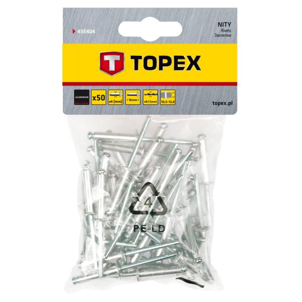 Заклепки TOPEX алюмiнiєвi 4.0 мм x 16 мм, 50 шт.*1 уп. 43E404