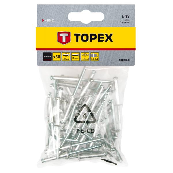 Заклепки TOPEX алюмiнiєвi 4.0 мм x 8 мм, 50 шт.*1 уп. 43E401