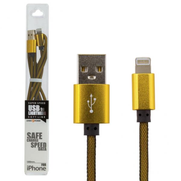 Дата кабель LogicPower USB 2.0 -> Lightning 1м G (метал. плетение) золотой /Retai 5122