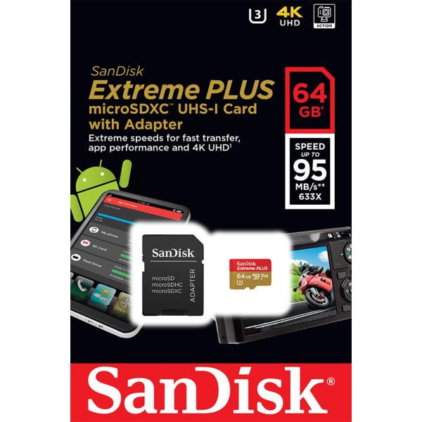 Карта памяти SANDISK 64GB microSDXC Class10 UHS-I V30 4K Extreme Plus SDSQXWG-064G-GN6MA