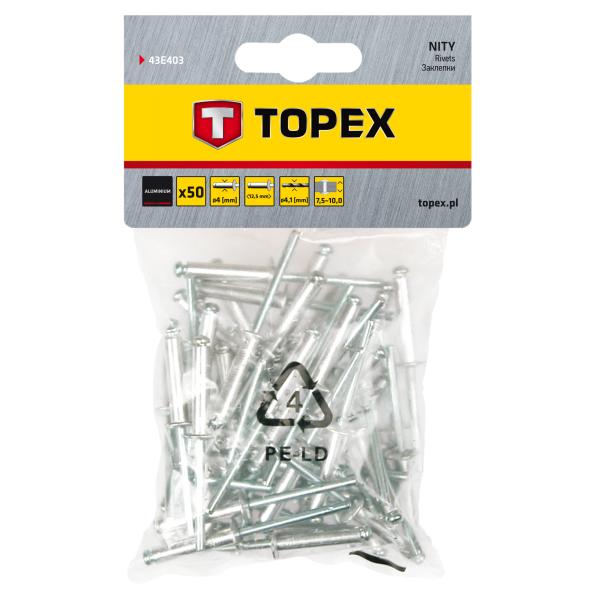 Заклепки TOPEX алюмiнiєвi 4.0 мм x 12,5 мм, 50 шт.*1 уп. 43E403