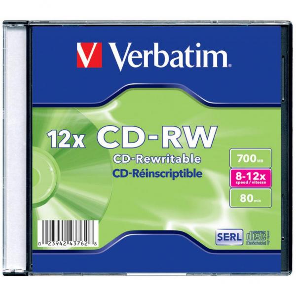 Диск CD Verbatim 700Mb 12X SlimBox 1шт Matt Silver 43762-поштучно