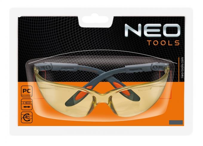 Очки NEO защитные противоосколочные из поликарбоната, желтые линзы, регулировка длины и угла дужек, стойкие к царапинам, CE 97-501