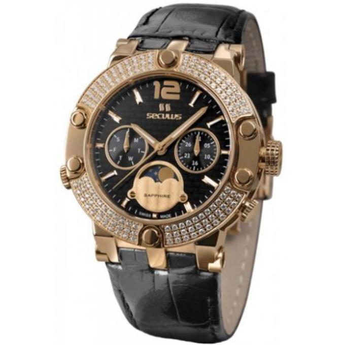 Seculus 1690.5.706 black, pvd-r with stones, black leather