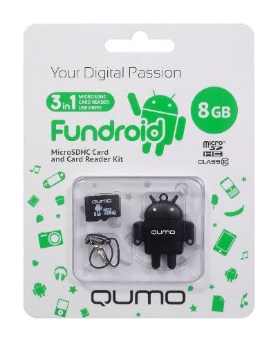 Qumo MicroSDHC 8GB Сlass10 USB ридер FUNDROID зел QM8GCR-MSD10-FD-GRN