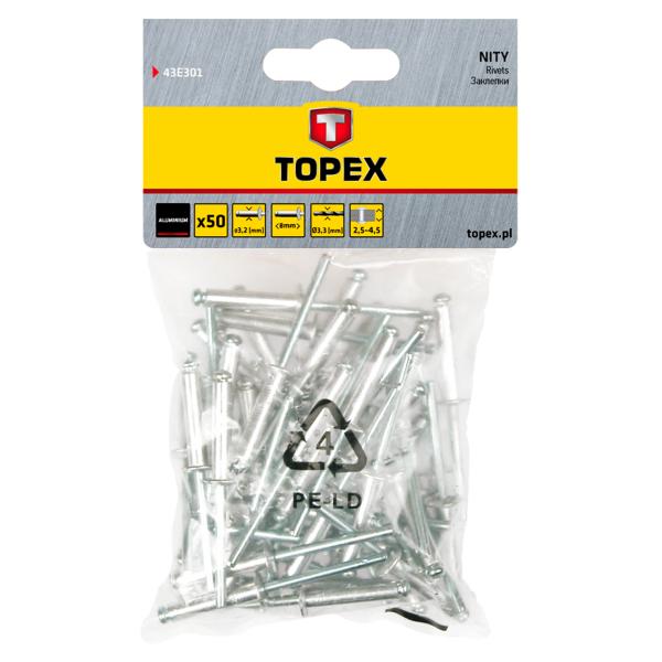 Заклепки TOPEX алюмiнiєвi 3.2 мм x 8 мм, 50 шт.*1 уп. 43E301