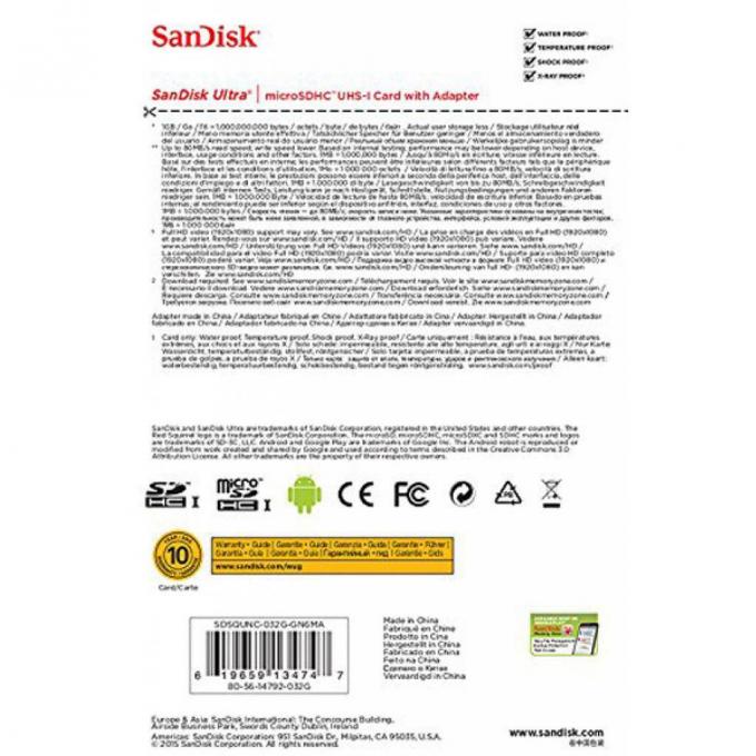 Карта памяти SANDISK 32GB microSD Class10 UHS-I SDSQUNC-032G-GN6MA