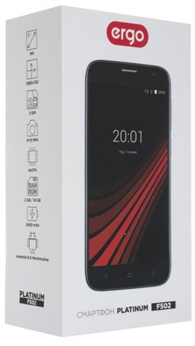 Смартфон Ergo F502 Platinum Dual Sim Grey; 5" (1280х720) IPS / Mediatek MT6580А / ОЗУ 2 ГБ / 16 ГБ встроенной + microSD до 64 ГБ / камера 13 Мп + 5 Мп / 3G (WCDMA) / Bluetooth, Wi-Fi / GPS, A-GPS / ОС Android 6.0 (Marshmallow) / 143.5 х 71.2 х 9.5 мм, 161 г / 2450 мАч / серый F502 Grey