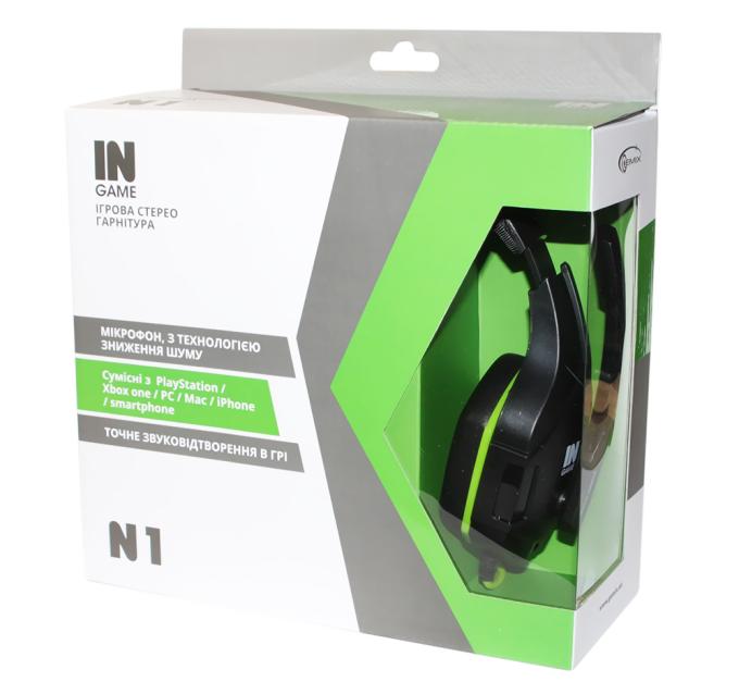 Наушники Gemix N1 Gaming Black/Green, 2 x Mini jack (3.5 мм), накладные, кабель 1.2 м
