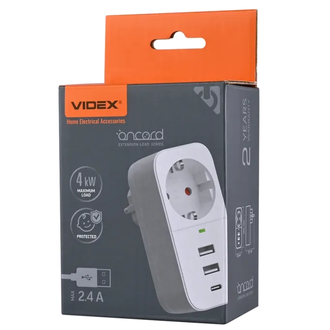VIDEX ONCORD 1п 2.4A 2USB+USB-C