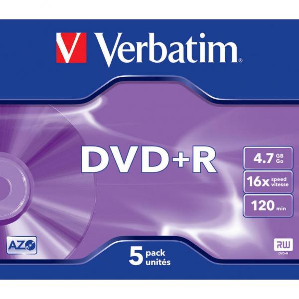 Диск DVD+R Verbatim 4.7Gb 16X Jewel case 5шт MATT Silver 43497
