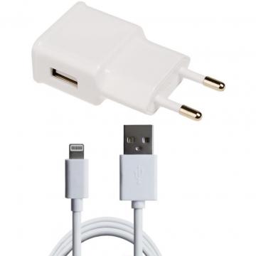 Grand-X 1*USB, 1A, White, + cable USB -> Lightning, Cu, 2.